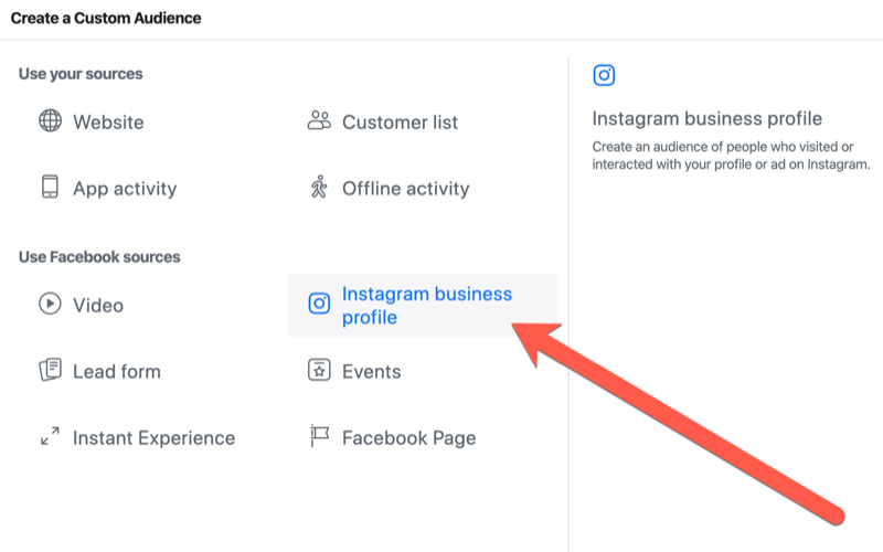 Schritte zum Erstellen einer benutzerdefinierten Zielgruppe für das Engagement von Instagram-Geschäftsprofilen für das Targeting von Live-Events