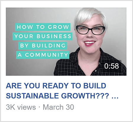 Um in einer Facebook-Gruppe zu unterrichten, teilt Caitlin Bacher ein Video wie dieses mit dem Text How To Grow Ihr Geschäft durch den Aufbau einer Community und eines Bildes von Caitlin von den Schultern bis zu den Kamera.