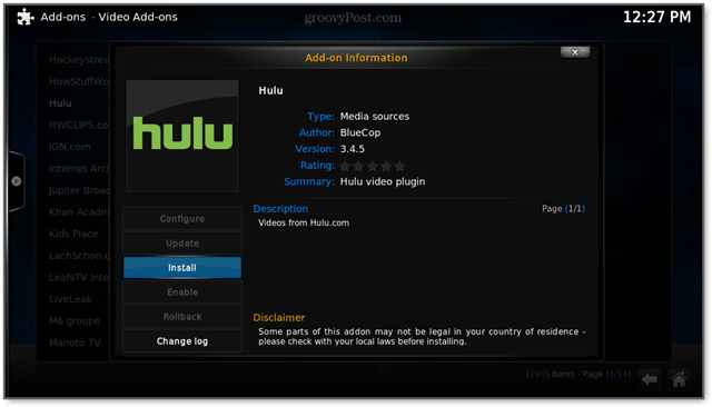 Installieren Sie das Hulu-Add-On xbmc