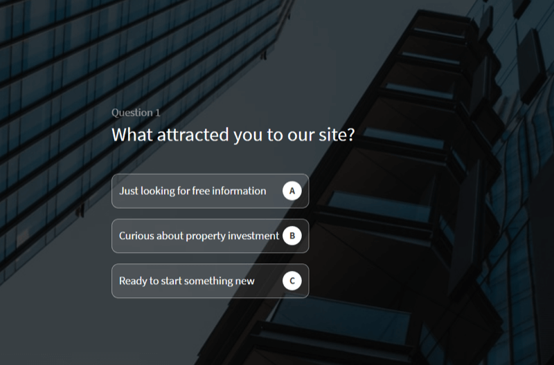 Beispiel eines Website-Quiz zur Qualifizierung von Leads auf einer Website einer Immobilieninvestitions-Schulungsfirma
