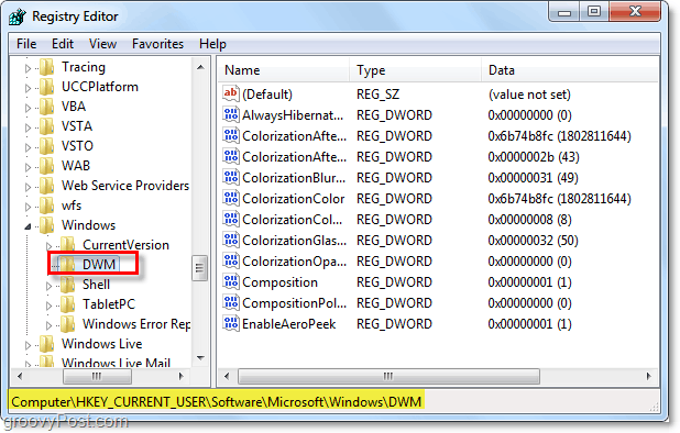 Öffnen Sie den DWM-Registrierungsschlüssel in Windows 7