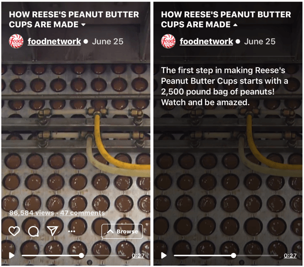 Beispiel einer IGTV-Show von Food Network, die zeigt, wie Reese's Peanut Butter Cups hergestellt werden.