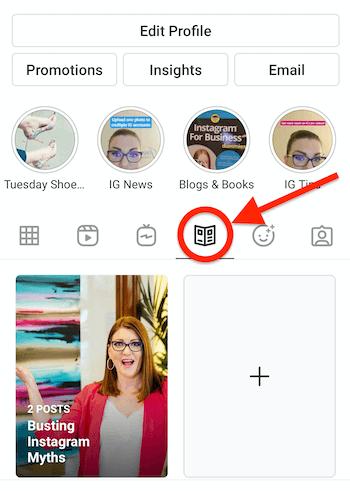 Instagram-Profil mit dem Zeitungs-Looking-Guide-Symbol vorhanden und hervorgehoben, das neben dem igtv-Symbol angezeigt wird