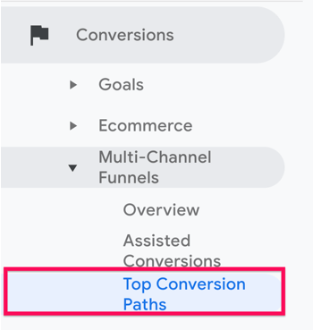 Option zum Zugriff auf die Top-Conversion-Pfade über das Menü "Mehrkanal-Trichter" unter "Conversion" in Google Analytics.