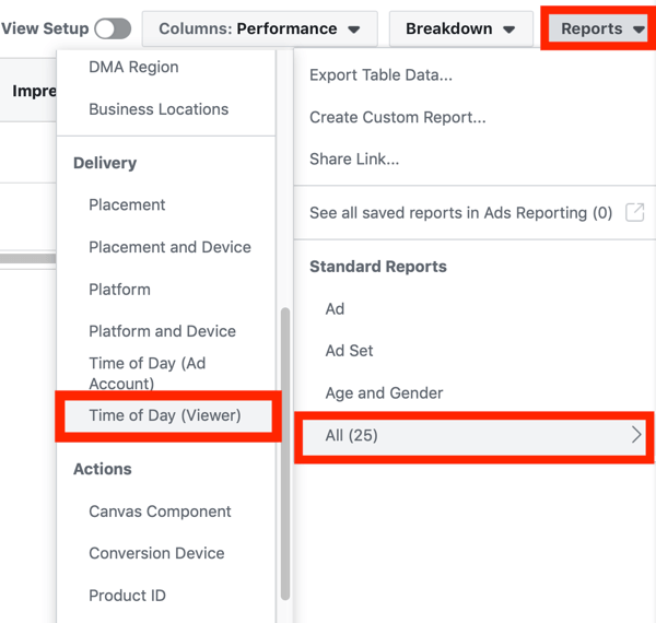 Tipps zur Senkung Ihrer Facebook-Anzeigenkosten, Option zum Anzeigen der Tageszeit (Viewer) über das Dropdown-Menü "Berichte" im Facebook-Anzeigen-Dashboard