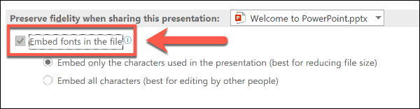 Option zum Einbetten von Schriftarten in PowerPoint