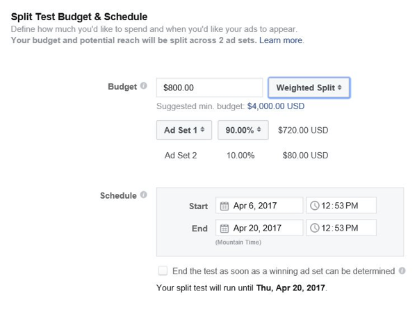 Mit Facebook können Sie steuern, wie viel Budget jedem Anzeigensatz zugewiesen werden soll.