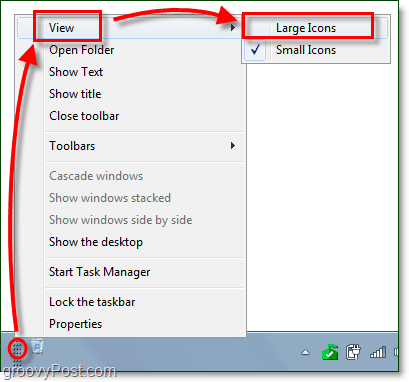 Zeigen Sie große Symbole für eine Taskleisten-Symbolleiste in Windows 7 an