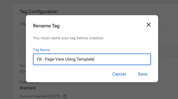 neuer google tag manager neues tag mit umbenennung der tagmenüoptionen mit dem neuen tagnamen eingegeben als 'fb - seitenansicht mit vorlage'