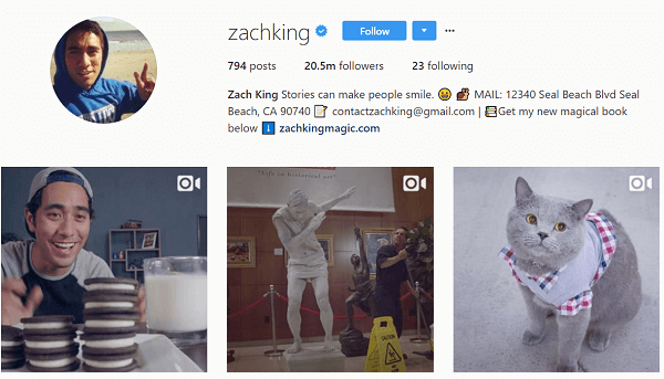 Obwohl er ursprünglich Instagram verwendete, um seine Vines neu zu veröffentlichen, begann Zach bald, originelle Instagram-Inhalte zu erstellen.