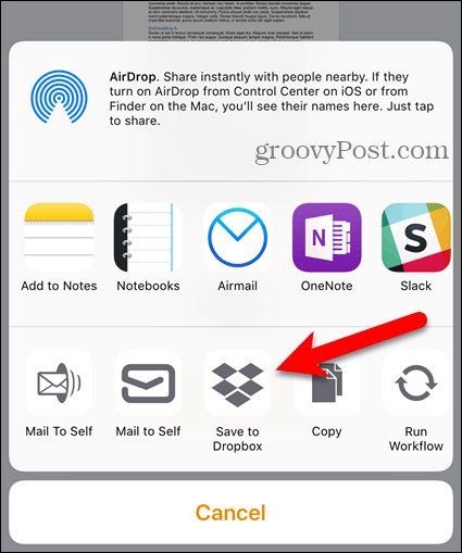 Tippen Sie unter iOS auf Dropbox auf Freigabeblatt