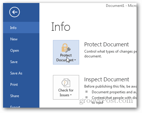 Kennwortschutz und Verschlüsselung von Office 2013-Dokumenten: Klicken Sie auf Dokument schützen