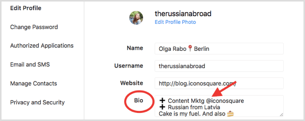 Bio-Feld im Abschnitt Profil bearbeiten für Instagram-Profil