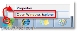 Um den Windows 7-Explorer aufzurufen, klicken Sie mit der rechten Maustaste auf die Startkugel und klicken Sie auf Windows Explorer öffnen