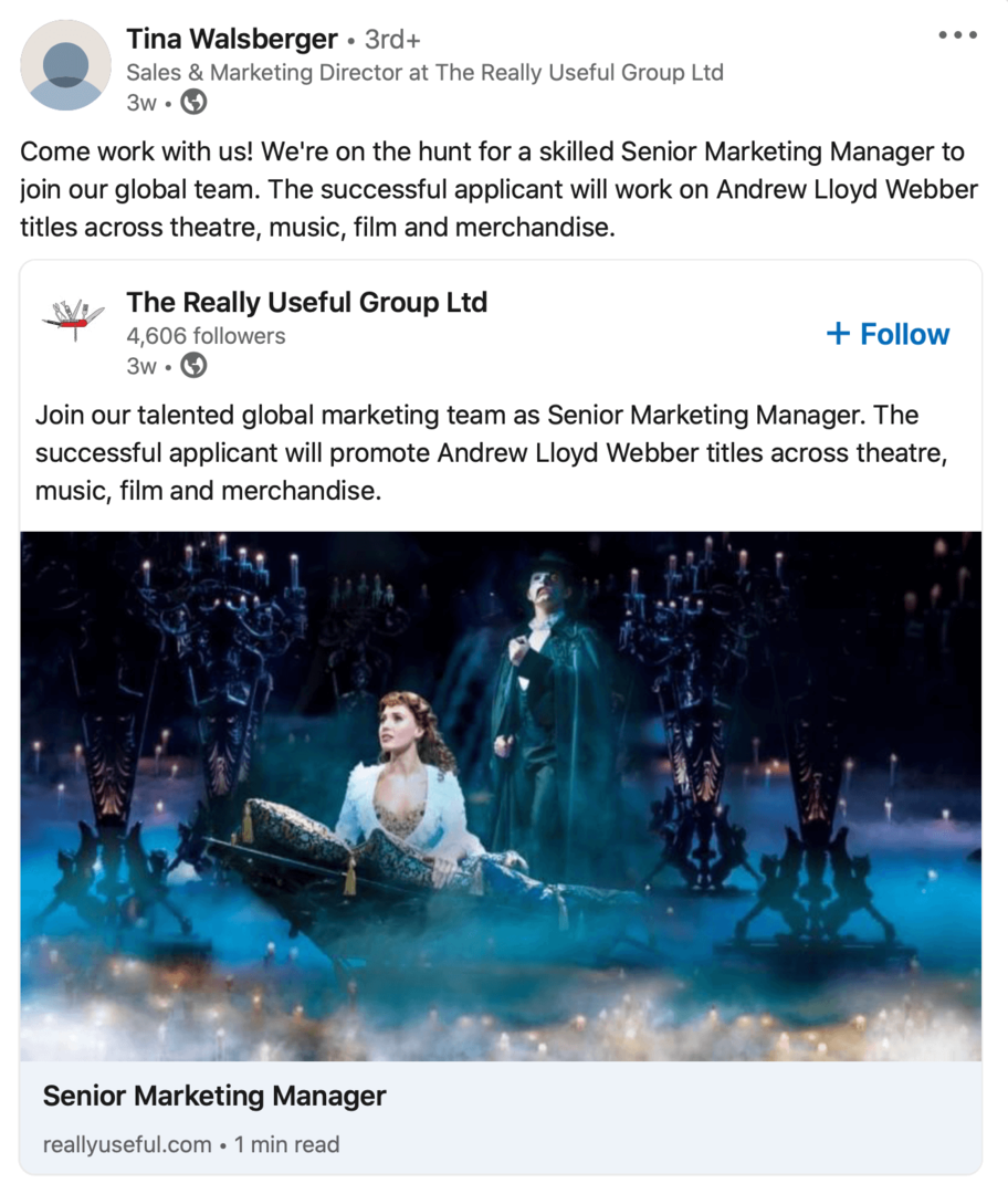 Bild des Rekrutierungsbeitrags auf der LinkedIn-Unternehmensseite, der vom Mitarbeiter im persönlichen Profil erneut geteilt wurde
