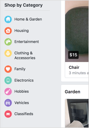 Auf dem Facebook-Marktplatz können Sie nach Kategorien einkaufen.