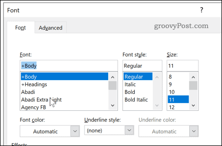 Schriftarteinstellungen in Word