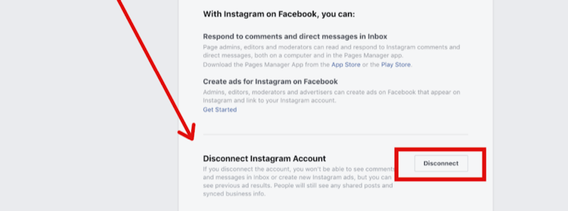 Schritt 2 zum Trennen des Instagram-Kontos in den Einstellungen der Facebook-Seite