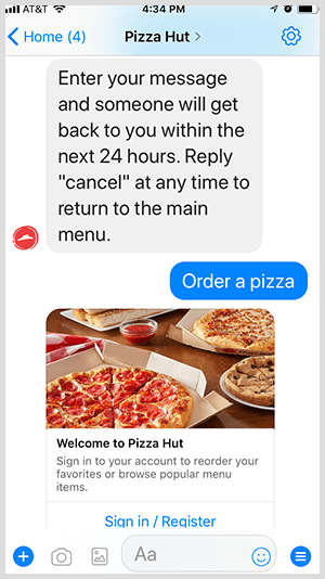 Pizza Hut automatisiert die Bestellung von Pizza über den Messenger-Bot.