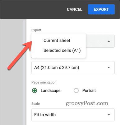 Wählen Sie die Exportoption für den PDF-Export in Google Sheets