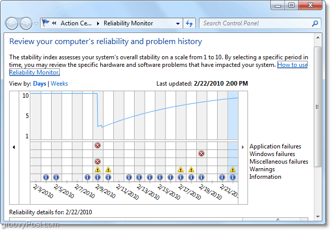 Verwendung des Zuverlässigkeitsverlaufstools zur Diagnose von Windows 7-Problemen