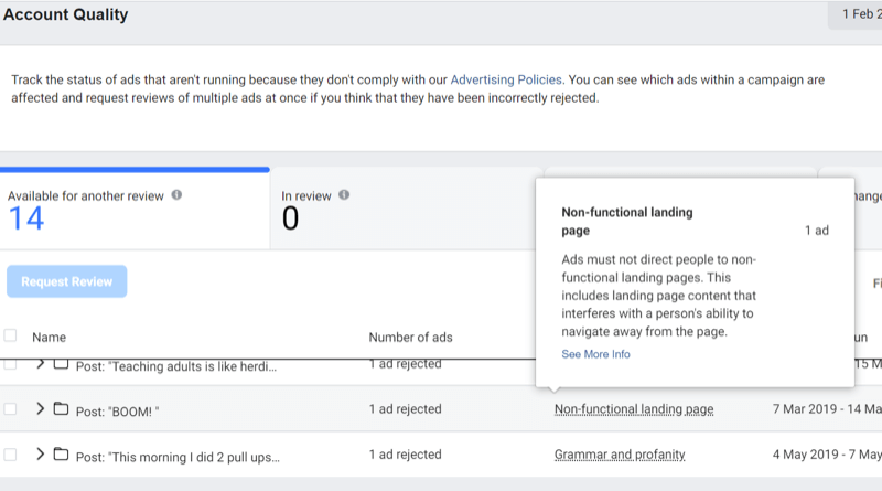 Schritt 3 zur Verwendung des Facebook Account Quality Tools