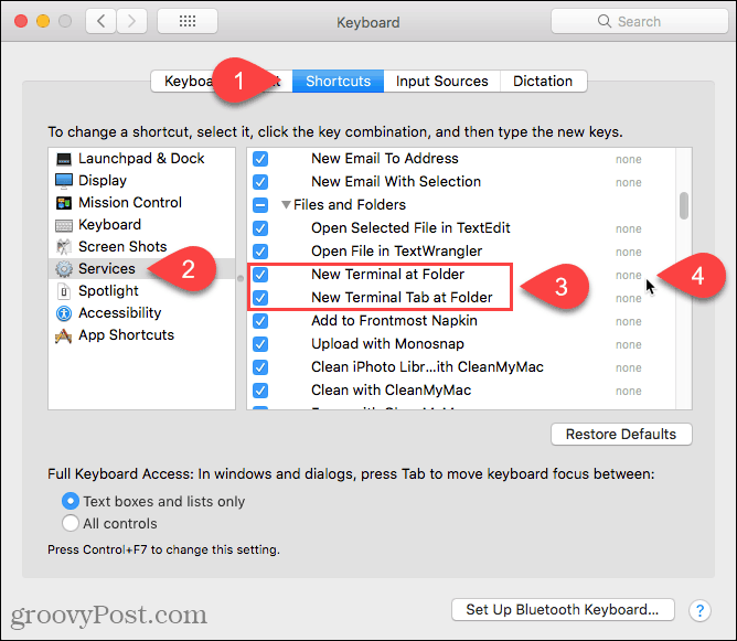 Klicken Sie auf Keine, um eine Verknüpfung zum Dienst "Neues Terminal im Ordner" auf einem Mac hinzuzufügen
