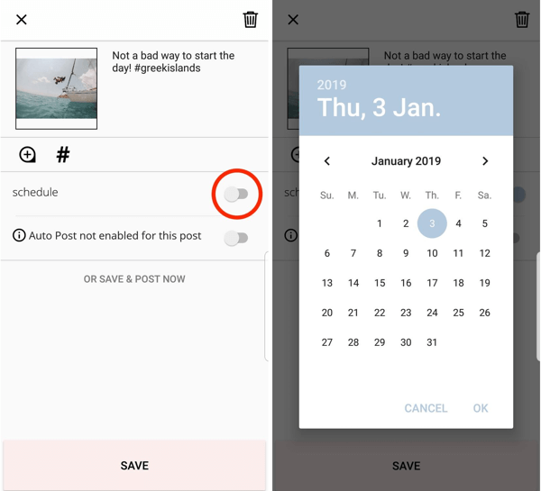 Um Ihren Beitrag über Planoly zu planen, tippen Sie auf die Option zum Planen und wählen Sie ein Datum und eine Uhrzeit aus.