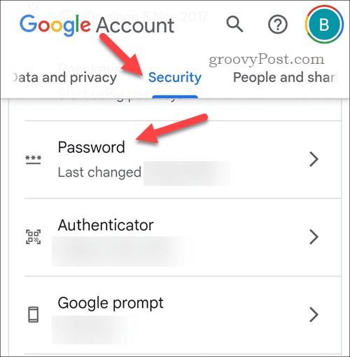 Öffnen Sie die Passworteinstellungen für das Google-Konto
