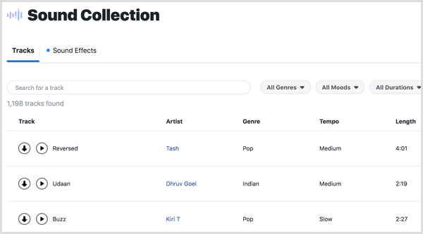 Laden Sie Musiktitel und Soundeffekte aus der Facebook Sound Collection herunter.