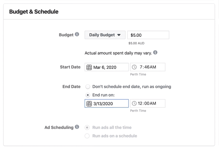 Abschnitt "Budget & Zeitplan" auf Anzeigenset-Ebene im Facebook Ads Manager