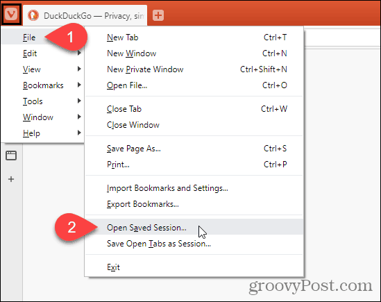 Gehen Sie in Vivaldi zu Datei> Gespeicherte Sitzung öffnen