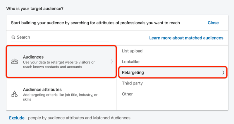 linkedin Zielgruppe erstellen mit hervorgehobener Retargeting-Option