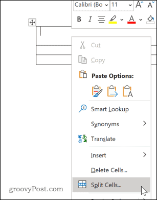 Dialogoptionen für Word Split Cells