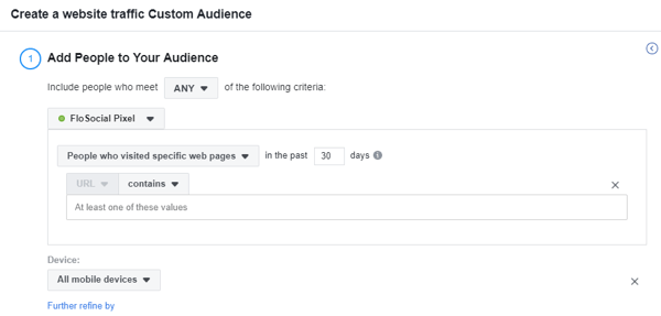 Verwenden Sie das Facebook Event Setup Tool, Schritt 17, Einstellungen, um eine benutzerdefinierte Facebook-Zielgruppe für den Website-Verkehr basierend auf dem Gerät zu erstellen