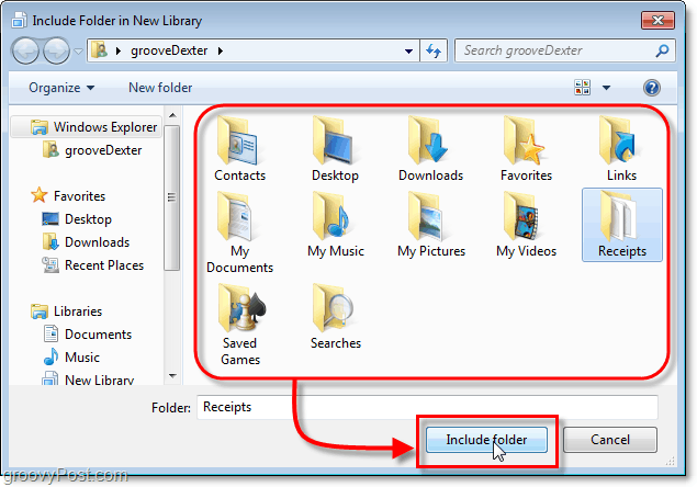 Wählen Sie einen Ordner aus, der in Windows 7-Bibliotheken aufgenommen werden soll