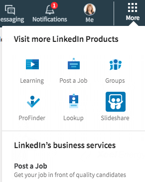 Viele direkte Links finden Sie im Abschnitt Mehr von LinkedIn. Von hier aus können Sie auch eine Unternehmensseite erstellen.
