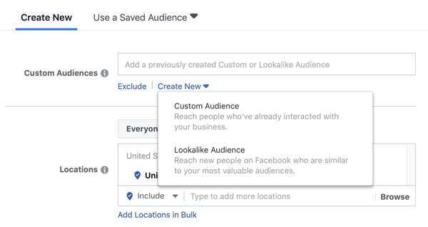 Optionen zur Verwendung einer benutzerdefinierten Zielgruppe oder einer ähnlichen Zielgruppe für eine Facebook-Lead-Werbekampagne.