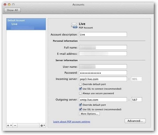 Microsoft Outlook Mac 2011: Einrichten von Windows Live Mail mit POP3