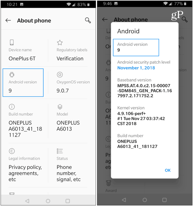 OnePlus Über Telefon Android-Version