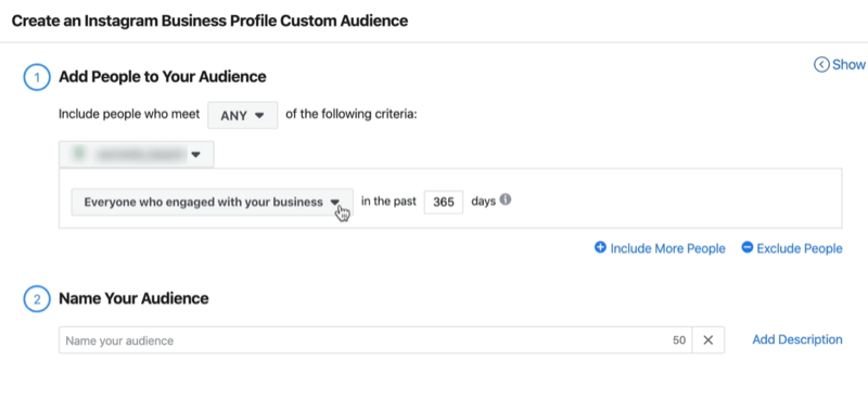 Screenshot des Fensters "Benutzerdefinierte Zielgruppe für Instagram-Unternehmensprofile erstellen" mit den Standardeinstellungen "Jeder, der sich in den letzten 365 Tagen mit Ihrem Unternehmen beschäftigt hat"