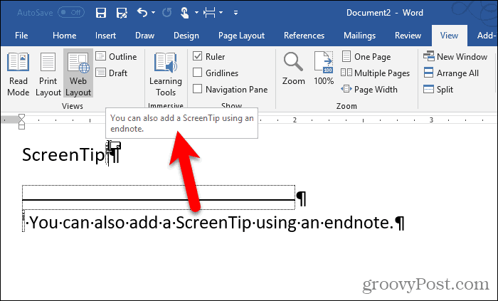 QuickInfo in einer Endnote in Word