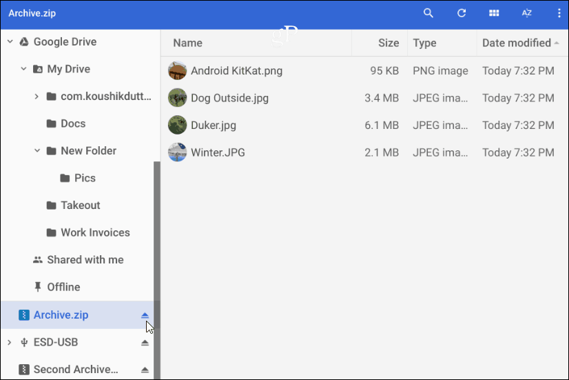 Hängen Sie die Zip-Datei Chromebook aus