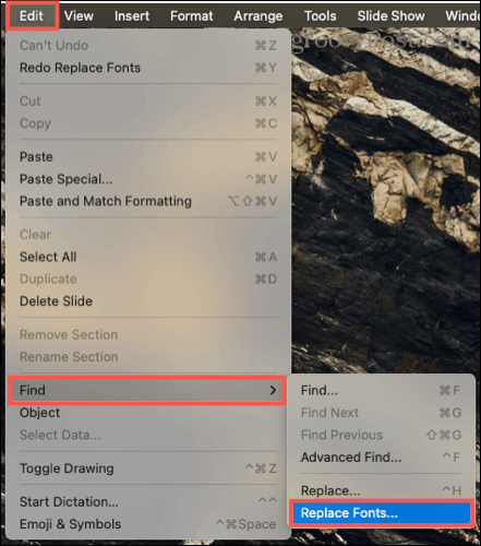 Bearbeiten, Suchen und Ersetzen von Schriftarten in PowerPoint auf dem Mac