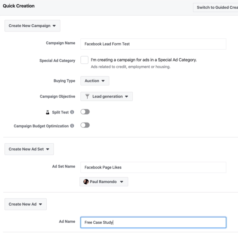 Schnellerstellungsbildschirm für neue Facebook-Kampagne