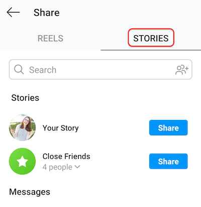 Screenshot des Instagram-Posting-Bildschirms mit der Registerkarte "Storys", auf der Rollen für Ihre Story oder Ihre Liste enger Freunde freigegeben werden können