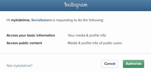 Autorisieren Sie Socialbakers, auf Ihre Instagram-Kontoinformationen zuzugreifen.