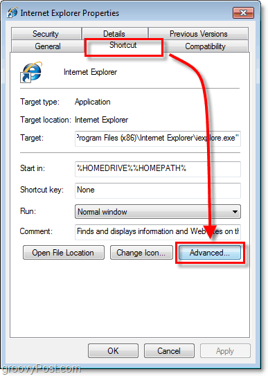 die Registerkarte "Verknüpfung" in den Verknüpfungseigenschaften für Windows 7-Verknüpfungen