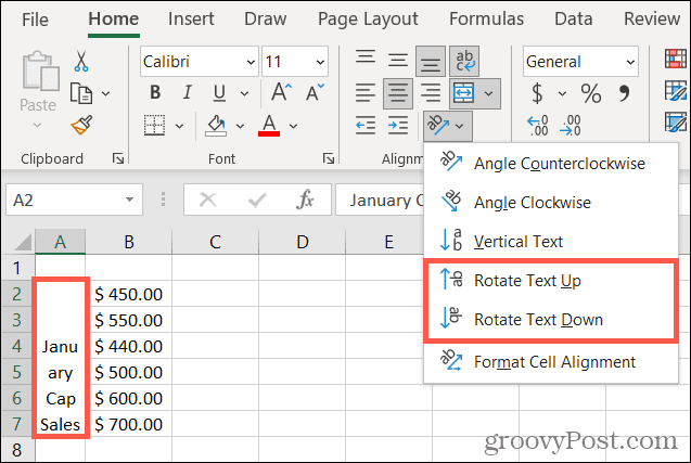 Text in Excel nach oben oder unten drehen