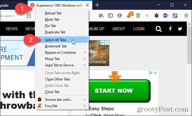 Wählen Sie in Firefox Alle Registerkarten auswählen